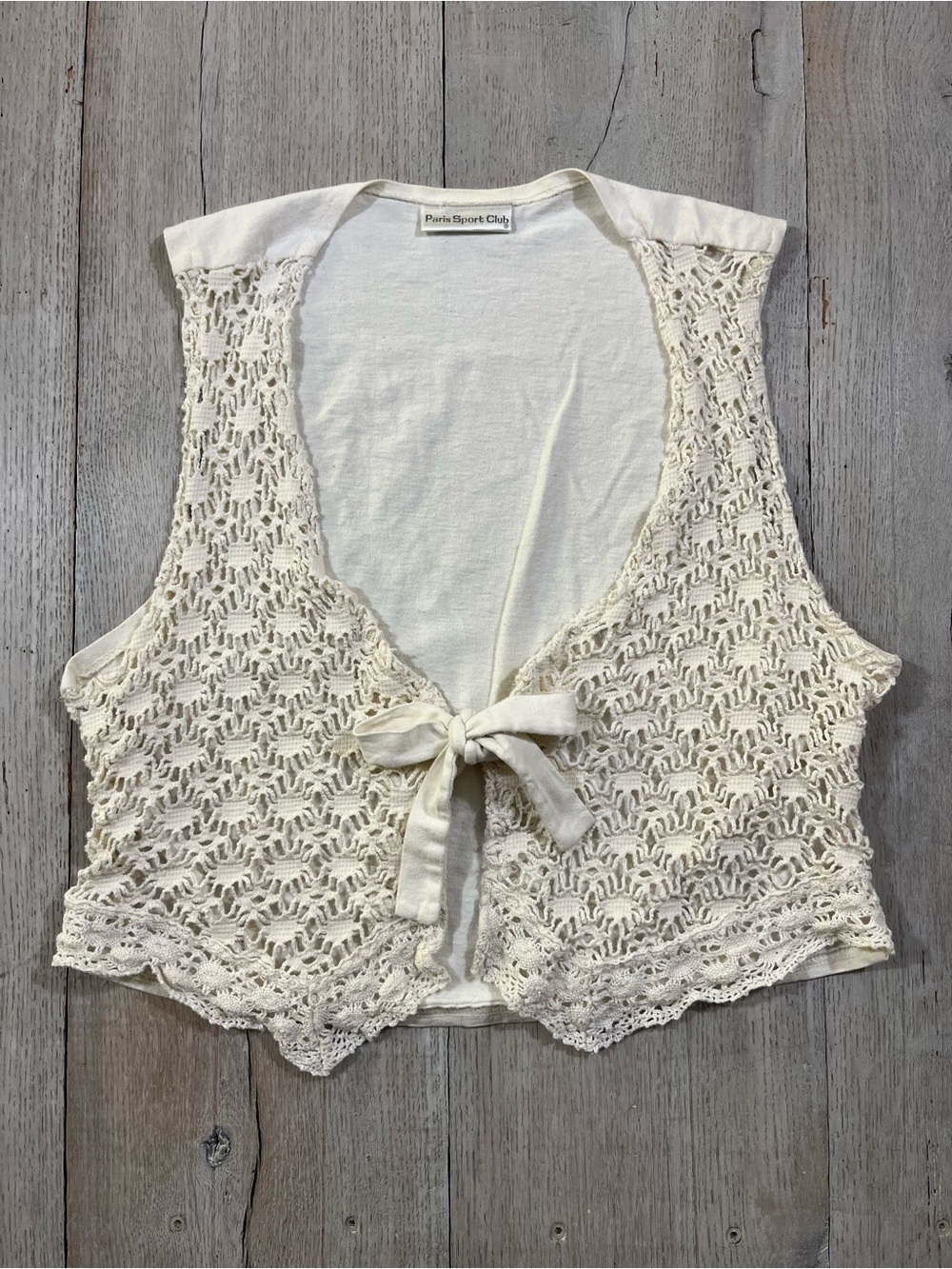 Vintage Paris Sport Club Ivory Crochet Tie Front Vest Size M
